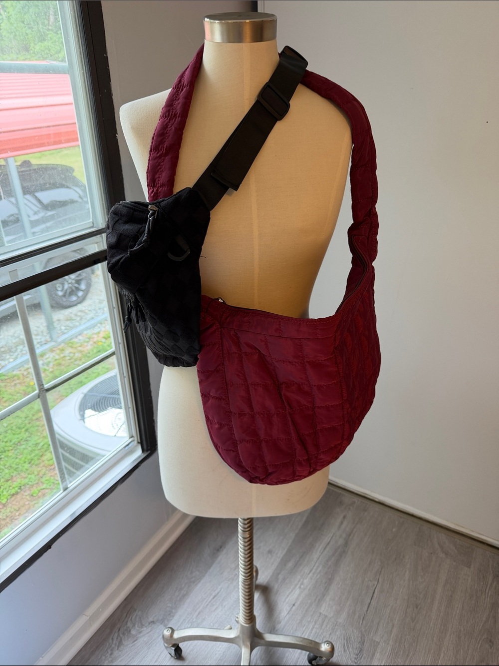 Quilted Crossbody Sling Bag in Burgundy with Black Accent  Fanny pack adjustable